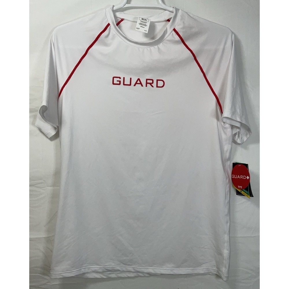 NWT Men's TYR Life Guard Short Sleeve Rashguard Shirt - White‎ & Red - Medium